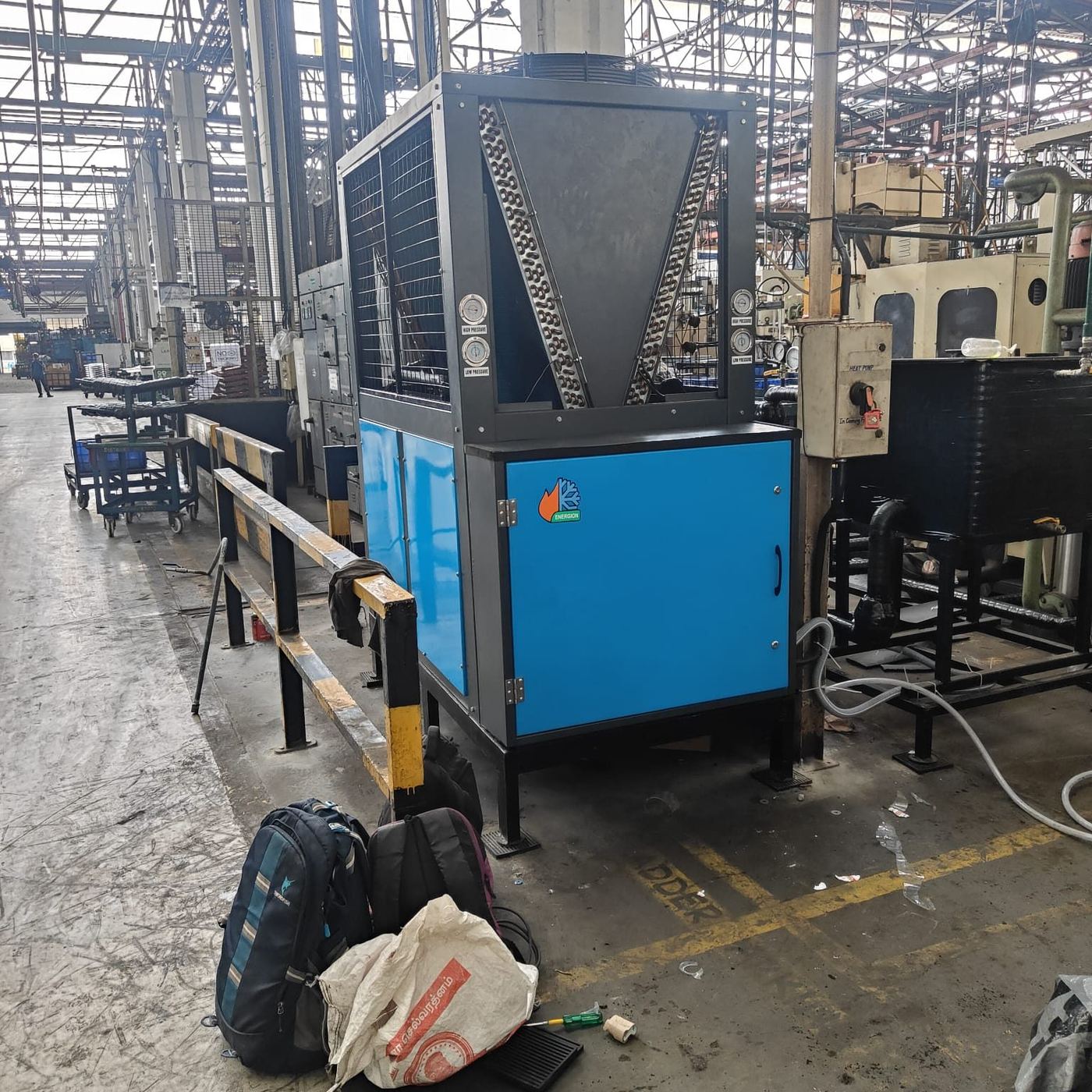 Branded Energion heat-pump unit on the factory floor